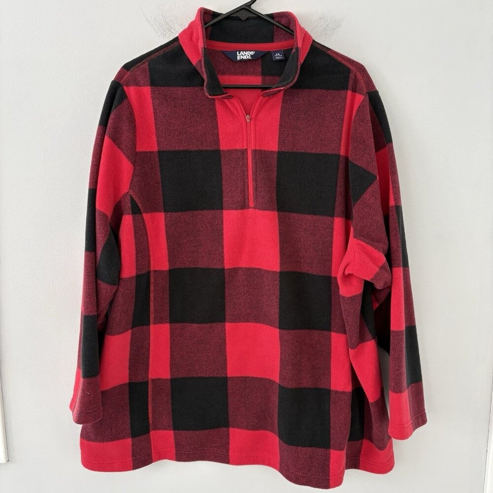 Lands' End Women’s 2X 20W-22W Red Buffalo Plaid Fleece Top 1/4 Zip Long Sleeve